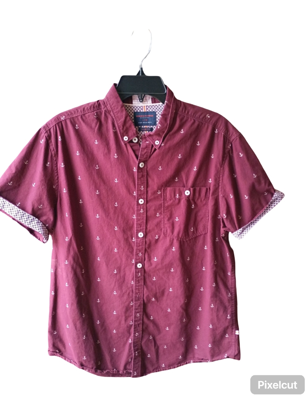 Denim And Flower Short-Sleeve Burgundy Anchor Print Button-Down Shirt Size Large